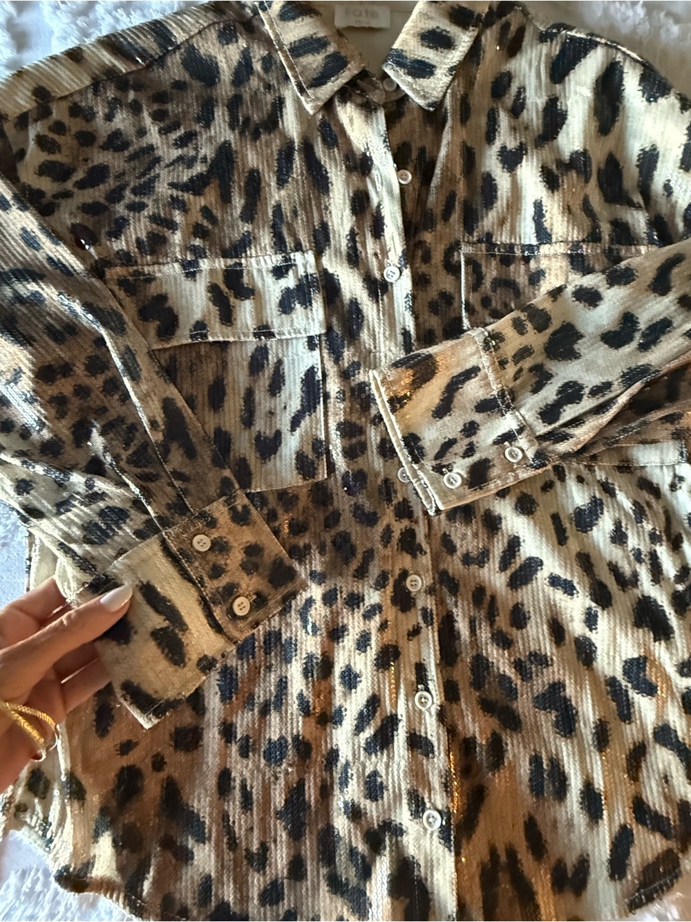 Leopard Print Light Sequin Button-Up Shirt in Beige and Black Cheetah